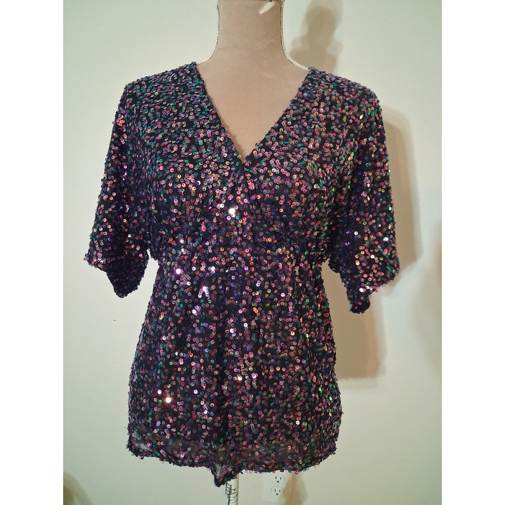 Southern Fried Chics Iridescent Multicolor Sequin V-Neck Top Small Faux Wrap New